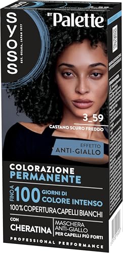 Syoss by Palette Colorazione Permanente 3-59 Castano Scuro Freddo, Colorazione capelli permanente con Cheratina, per 100% copertura dei capelli bianchi e fino a 100 giorni di colore intenso