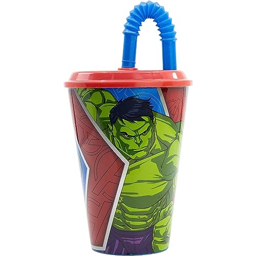 CARTOON Gobelet avec paille pour enfants Avengers verre en plastique réutilisable semi-rigide BPA Free capacité 430 ml