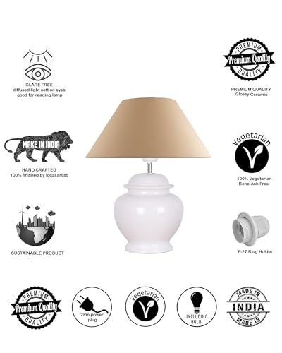 Image of Homesake Ceramic Pot Shaped Base White Table Lamp for Living Room, Bedside, Bedroom & Study | Nightstand | Modern Decorative Night Lamp with LED Bulb, Shade for Home Decor, Golden Cone Shade