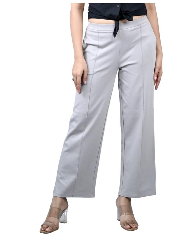 Image of Mlada Mid Waist Wide Leg Flared Pants Elastic Waist Band for Women Office Work Formal Wear Stretch Cotton Knit Flare Pants Utility Pockets Extra Flare Pants Trousers for Travel