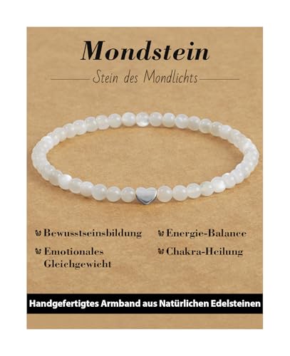 Landorilo Armband Damen, 4mm Echten Naturstein mit 925 Sterling Silber Liebe Perlen, Heilsteine Yoga Perlenarmband, Weihnachten, Geburtstag, Jahrestag Geschenk für Frauen(Mondstein)
