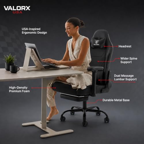 Image of ValorX USA Striker 2026 Edition | Ergonomic Gaming & Office Computer Chair | Premium PU Leather | Dual Massager Back Support | Adjustable Neck & Lumbar Pillow | Ergo Sync Armrests | Footrest (Black)