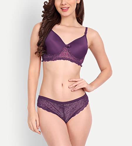 Image of FIMS - Fashion is my style Women Cotton Floral Lace Padded, Non-Wired, Full Coverage, Seamless Bra Panty Set, Multicolor, Lingerie Set