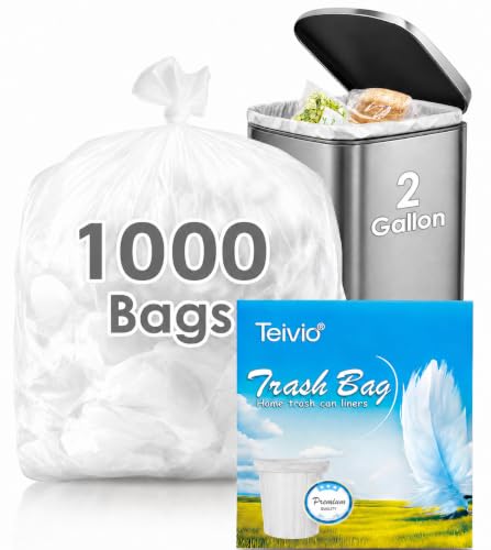 Image of Teivio 2 Gallon 1000 Counts Small Trash Bags Garbage Bags, Bathroom Trash Can Bin Liners, Plastic Bags for kitchen home office, Clear