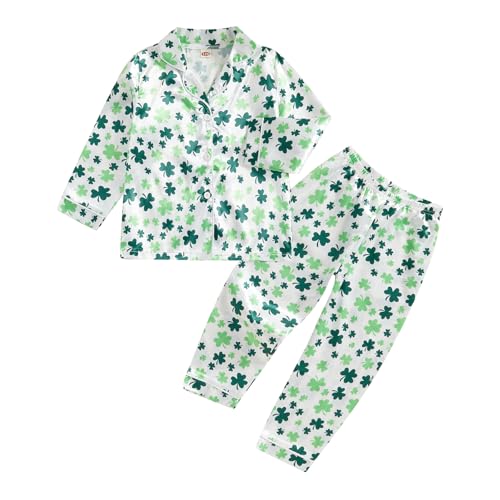 fyclemt Toddler Baby Boy Girl St. Patricks Day Silk Pajamas Set Luck Clover Long Sleeve Shirts Tops Pj Pants Kids Satin Pj Nightgown (White Shamrock Print, 4-5 Years)