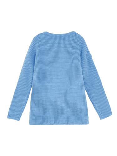Image of Girls Waffle Knit Sweaters Trendy Henley Button V Neck Long Sleeve Pullover Jumper Tops Blue