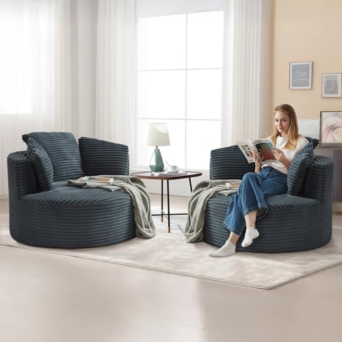 Image of 48.8-inch Round Chair, Modern Accent Corduroy Comfy Deep Seat Boneless Foam Floor Single Circle Chaise Sofa Chair with 3 Pillows for Living Room Bedroom Office, No Assembly Required, Dark Grey