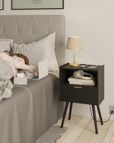 Image of Black Nightstand with Outlet,Modern Bedside Table with Storage Drawer and Open Wood Shelf, for Living Room, Bedroom and Small Spaces, Accent Night Stand with Solid Wood Legs, Easy Assembly