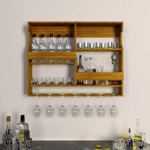 Genuine Decor Sheesham Wood Wall Mounted Wine Rack & Bar Cabinet with Stem Glass Holder | Wooden Liquor Storage & Whiskey Bottle Display | Home Bar Furniture for Living Room (30x24 Inch, Brown)