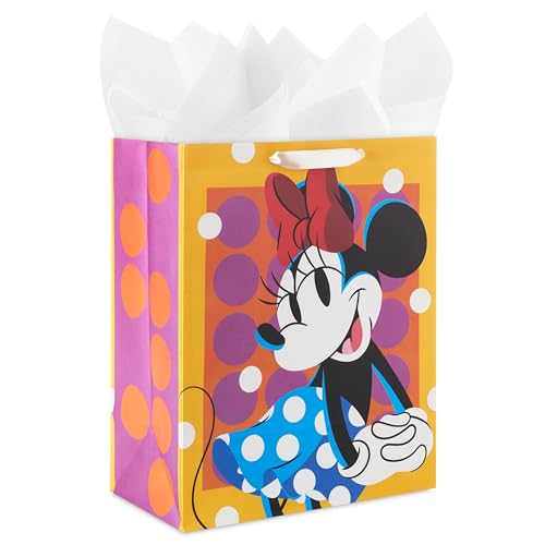 Birthday Hallmark Disney 13 Large Gift Bag with Tissue Paper (Minnie Mouse Yellow and Orange with Pink Polka Dots) Kids Adults Fans