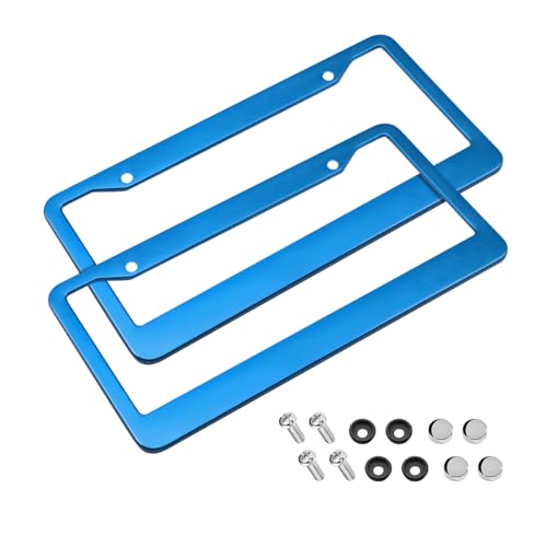 Car License Plate Frame, 2PCS Matte Waterproof Front and Rear License Plate Frames/Covers with Anti-Theft Screws Caps Set Universal for Most Cars, SUV, Pickup, Truck, Auto Accessories (Blue)