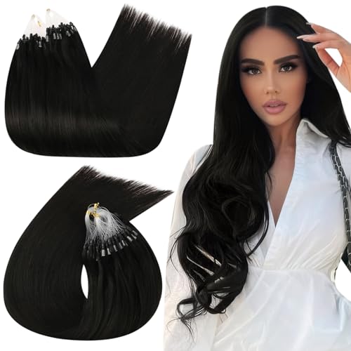 Ugeat Micro Loop Hair Extensions Real Human Hair Natural Black Microlink Hair Extensions Micro Loop Extensions Human Hair Micro Ring Extensions Real Human Hair Black #1 50S 16 Inch