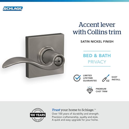 Image of Schlage Accent Lever with Collins Trim Bed and Bath Lock in Satin Nickel - F40 ACC 619 COL
