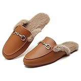 Minorsu Buckle Fur Mules for Women Slip on Loafers Closed Round Toe Backless Flat Mules Comfortable Slides Shoes (Brown, Adult, Women, 6, Numeric, US Footwear Size System, Medium)