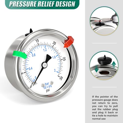 Image of 0-30Psi Stainless Steel Dry Low Pressure Gauge 1 /8 inch NPT 2 inch Dual Scale Dial, Back Mount, Waterproof for Water Oil Air Well Pump, compressors, Tire Gas Pressure Test (with Range Mark Pointer)