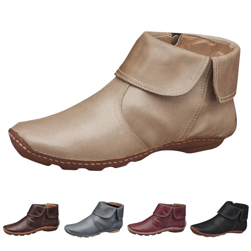 Ankle Boots for Women No Heel Arch Support Side Zipper Vintage Leather Damping Shoes Booties Fashion Casual Round Toe Non-Slip Short Boots Womens Walking Bootie Outdoor Roman Shoes4