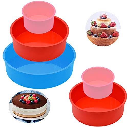 5Pcs Silicone Cake Pans, FULANDL 4\" 6\" 8\" Round Silicone Cake Baking Molds Pan Pastry Baking Mold, for Birthday Party Wedding Anniversary (Pink/Blue/Red)