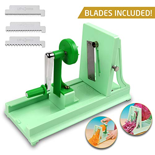 Vollum Japanese Turning Vegetable Spiralizer, Veggie Spiralizer For Fresh Zucchini, Squash, Butternut Squash with 1 Straight-Edged Blade and 3 Serrated Blades Multiple
