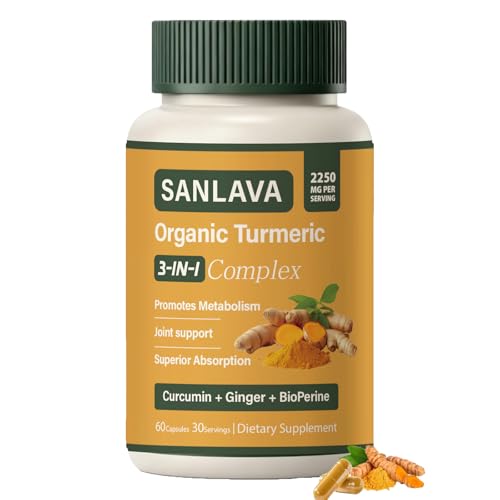 Sanlava Organic Turmeric 3 in 1 Organic Turmeric Complex Supplement 2250mg Vegan 60 Capsules