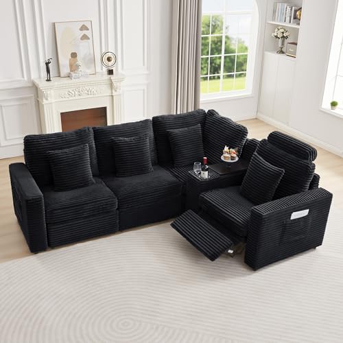 Image of RARZOE Modular Sectional Sofa with Power Recliner, 4-Seater L-Shaped Corduroy Reclining Couch with Storage Console Charging Cup Holders, Fluffy Recliner Sectional Couches for Living Room,Black