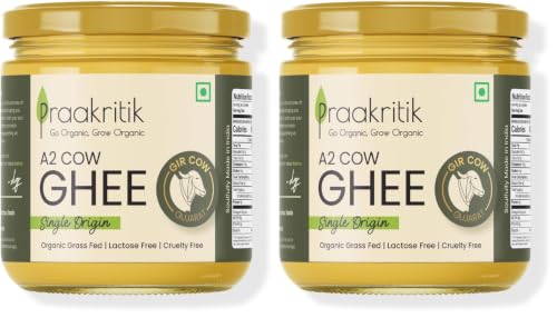 Image of Praakritik Natural Desi A2 Gir Cow Ghee 500ml - 100% Pure - Prepared by Traditional Bilona Method - Vedic Cultured Grassfed - Vegetarian GMO Free Lactose Free - Cow Ghee 500 ml (Pack of 2)