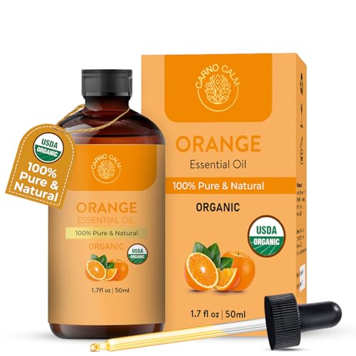 Carno Calm Organic Sweet Orange Essential Oil 50 Ml | USDA Certified Organic | Sweet Orange Oil for Diffuser Skin Hair Soap & Candle Making | 1.7 fl. oz