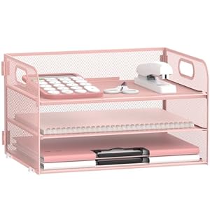 SUPEASY 3 Tier Paper Organizer with Handle, Mesh Desk Organizer Letter Tray, A4 File Folder Paper Tray, Pink