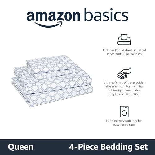 Image of Amazon Basics Ultra-Soft Lightweight Microfiber 4-Piece Bed Sheet Set with Flat Sheet and Fitted Sheet, Polyester, Machine Wash, Queen, Aqua, Printed