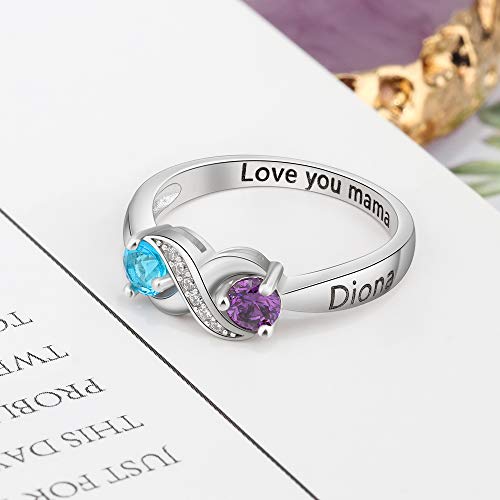 925 Sterling Silver Personalized Infinity Mothers Rings With 2 Round Simulated Birthstones Custom Engraved Engagement Promise Rings For Women (6.5) #TOP4