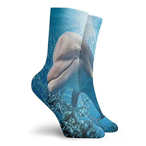 Sea Animals Fashion Compression Socks,A Bottlenose Dolphin In The Ocean,Performance Polyester Cushioned Athletic Crew Socks for Running,Athletic,Blue Grey -12 inch2