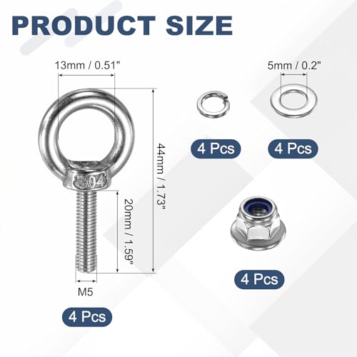 Image of PATIKIL M5 x 20mm Shoulder Eye Bolt, 4 Pcs 304 Stainless Steel Lifting Ring Threaded Eye Bolt with Flange Lock Nuts Spring and Flat Washers for Hanging Tie Down Straps Outdoor Indoor