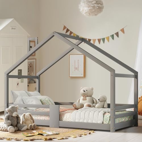 SoarFlash Kinderholzbett in Kaminform,96 x 209 cm,Vollkieferstruktur,Absturzsichere Seitenleisten,Lattenplattform,Einfach zu montieren,Grau