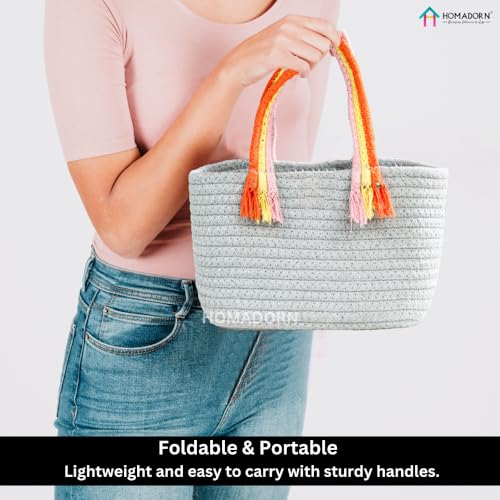 Image of HOMADORN Cotton Storage Basket with Sturdy Handles - Foldable, Durable, and Stylish Organizer for Toys, Clothes,Gifting and Home Essentials (GREY)