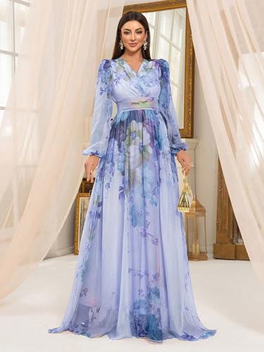 Image of TOLEEN Summer Casual Dresses for Women 2024 Spring Fashion Boho V Neck Long Sleeve Ruffle Floral Print Elegant Maxi Dress