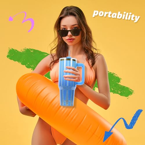 Image of 30 oz Shiny Tumbler with Handle and Straw,Stainless Steel Tumbler with Lid and Straw,Insulated Travel Mug(Cold for 34 Hours),Water Bottle for Iced Tea,Coffee (Blue)