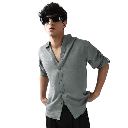 Image of Urbano Fashion Men's Linen Blend Full Sleeve Relaxed Fit Mandarin Collar Casual Solid Shirt