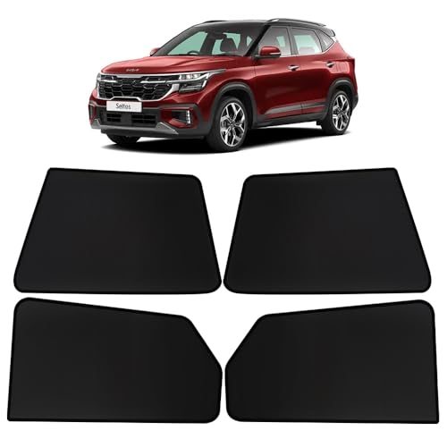 Image of OTO2EYE Car Sun Shade Compatible for Kia Seltos Model 2024 to 2025, Z-Black Fix Type Side Window Curtains, Only Half Cut in Front Window, 4 Pieces Set