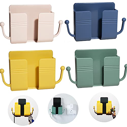 4Pcs Wall Mount Phone Holder Adhesive Wall Phone Mount Charging Stand and Remote Control Stand Multipurpose Socket Pocket Universal Deck Storage Box for Bedroom, Kitchen, Bathroom, Office (Black)