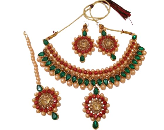 Fashion Women Ulta Tilak Design Gold Plated Pearl Stone Jewellery Set, Maang Tikka with A Pair of Earrings for Mehndi, Haldi, Wedding, Godbharai, Bridal-Red Green Colour (B0C9Q32472) Amazon Price History, Amazon Price Tracker