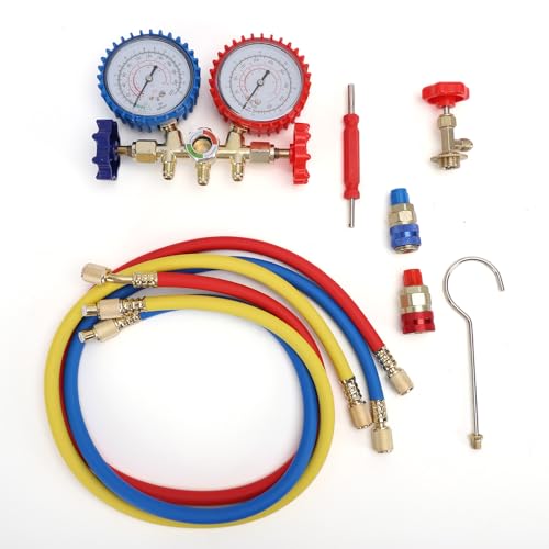 Juego de manómetros para refrigerante R12, kit de carga HVAC para R134a, R22 y R502 con mangueras duales para diagnóstico automotriz y doméstico, núcleo de válvula estable y protección contra impactos