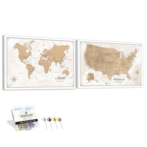 Image of IPIC - Vintage World Map & USA Map Canvas Wall Art Set of 2, Travel Wall Decor with Pins Included, Ready to Hang for Office or Living Room, 36x24 Inch