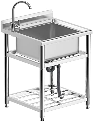 Freestanding Stainless Steel Sink, Commercial Restaurant Sink, Large Single Bowl Sink, Outdoor Sink, for Business Restaurant, Cafe, Bar, Hotel, Garage, Laundry Room, Outdoor, W23.5” × D25.2” × H33.5”