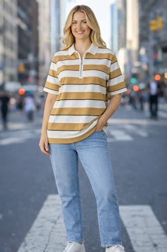 Image of Mack Jonney Women's Striped Polo T-Shirt | Half Zip Collar | Half Sleeve Cotton Casual Top | Relaxed Fit-M7496