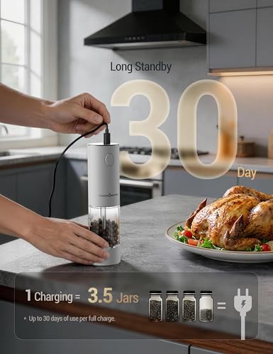 Image of ThermoMaven Electric Salt and Pepper Grinder Set, 110ml Larger Rechargeable Automatic Salt and Pepper Mill Grinder with 6 Adjustable Coarseness, Electric Salt and Pepper Shakers, LED, White Sand