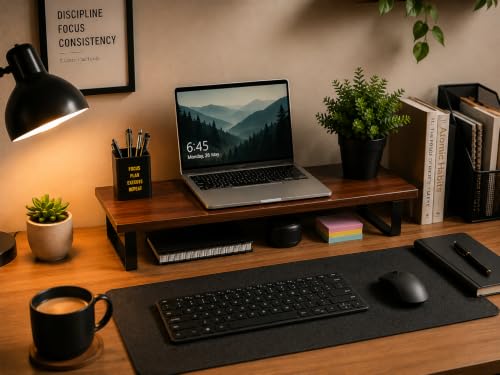 Image of Wooden Monitor Stand with Storage Organizer For Desk, Tables, Office, Home, Studio, Study Table | Desktop Ergonomic Monitor Stand Riser (Rosewood Brown, Large (with metal legs))