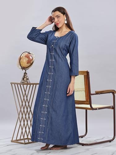 Image of 9shines Label Comfortable Cotton Denim Finish Nightdress for Women with Button Placket and Pocket(9SDLSS)