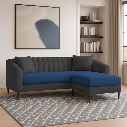 Image of Casaliving Doraldo 4 Seater L Shape Convertible Sofa Set for Living Room, 3 Seater & Ottoman Modular Sectional Couch for Small Space (Black Blue Colour) Fabric