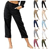 OutTop Summer Capri Pants for Women, Women's Cotton Linen Button Cropped Pants Ankle Soild Trousers with Pockets (XXL, Black)