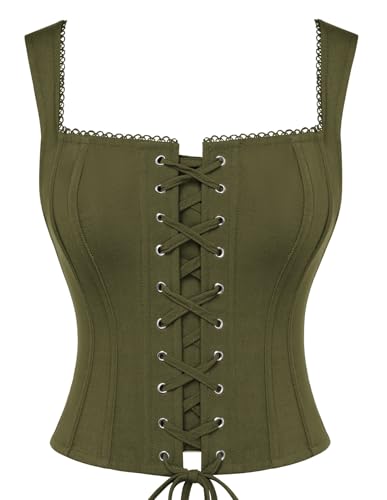 SCARLET DARKNESS Womens Corset Top Boned Lace-up Renaissance Pirate Corsets Y2K Overbust Vest Bustier Olive Green 18