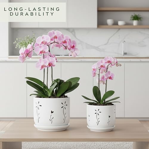 Thriving Thicket 2 Pack, 5 + 6 Inch White Orchid Pots with Holes and Saucer, Ceramic Orchid Planters for Repotting with Drainage Holes and Tray, Plant Flower Pot containers for Orchid Indoor Outdoor by Thriving Thicket - Image 4
